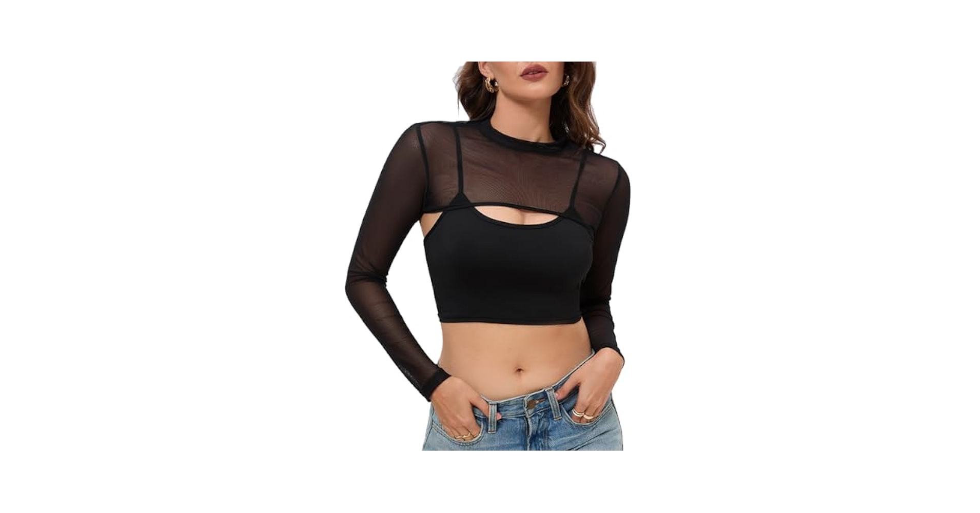 spxidacx Women Mesh Crop Tops Long Sleeve Mock Neck Sheer